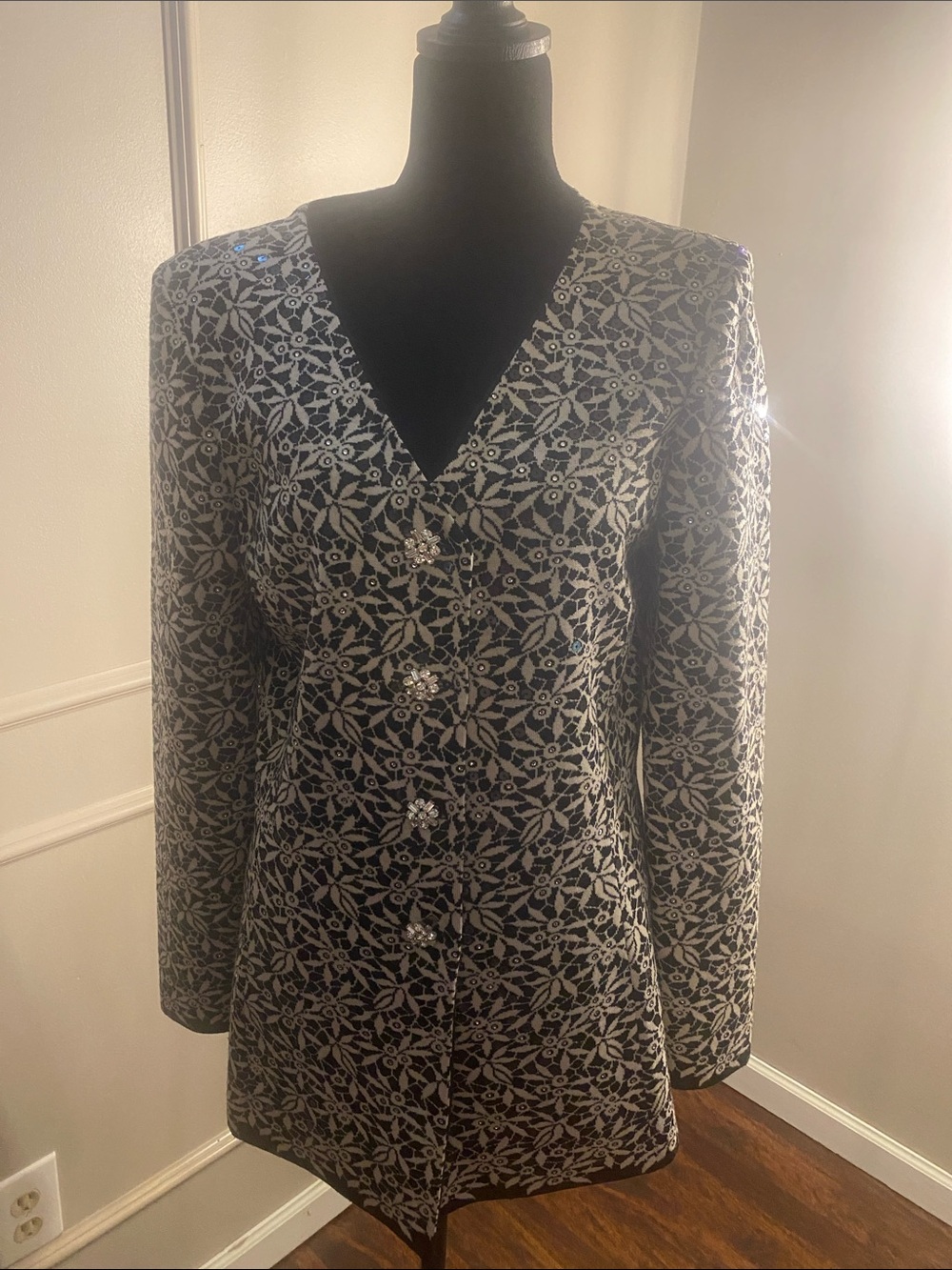 St. John Black and White Floral Lace-Pattern Long Sleeve Dress